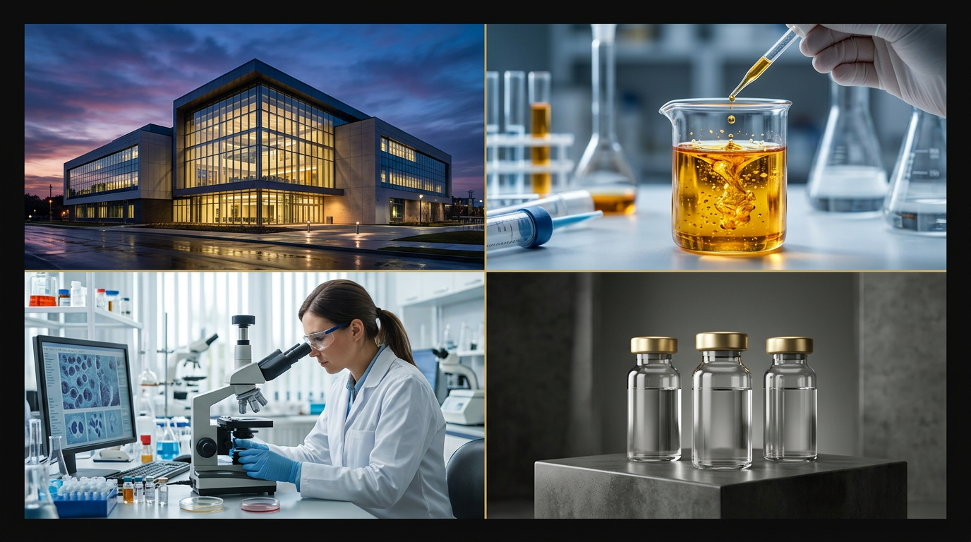 研发建筑、实验室场景、显微平台与注射制剂组合四联展示